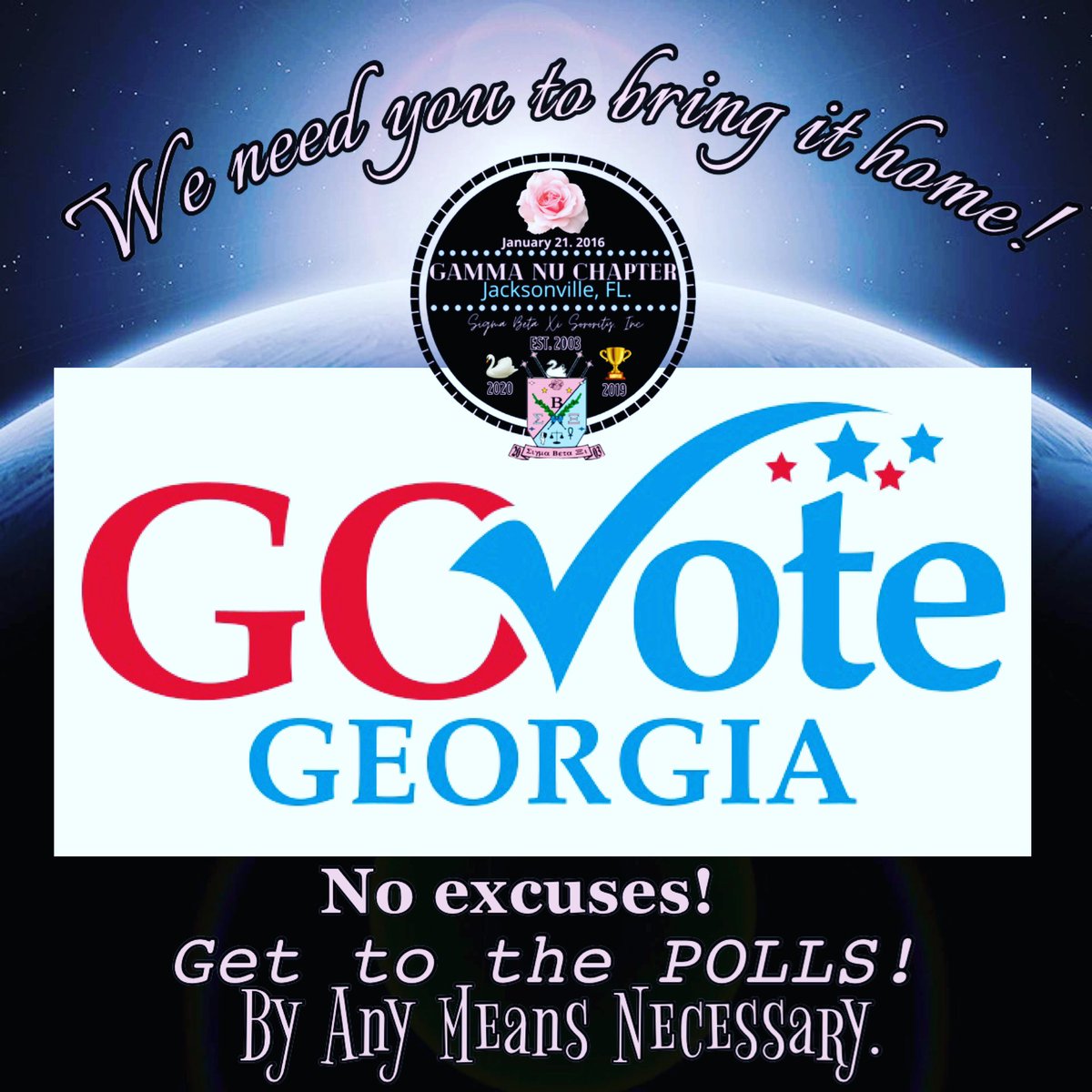 No excuses! Get out and vote. Everything that u do locally will always be a global impact. 
 #serviceneversleeps #communityservice #gammanujaxcares #sigmabetaxisorority #sigmabetaxi #sisterhoodthroughmotherhood #sororitygirls #blacklivesmatter #communityinvolvement #rockthevote