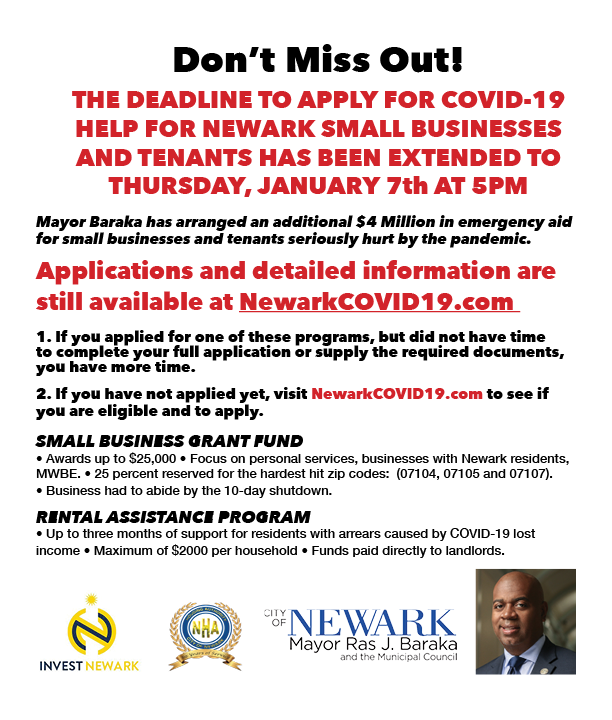 Don't lose out! The deadline to apply for Mayor Baraka's emergency help for small businesses and tenants has been extended to Thursday, Jan. 7, at 5pm. 
Applications and full information are available at ow.ly/dQPs50CXCZc