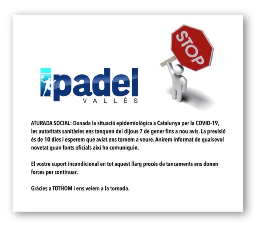 🆕PARADA SOCIAL: Dada la situación epidemiológica en Cataluña por la COVID-19, las autoridades sanitarias nos mantendrán cerrados desde el jueves 7 de enero hasta nuevo aviso. La previsión es de 10días e informaremos de cualquier novedad cuando fuentes oficiales así lo comuniquen