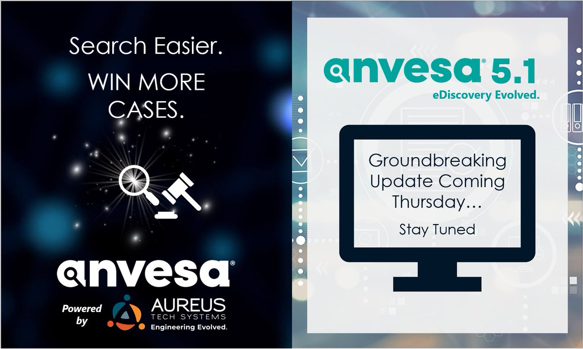 AureusTS's tweet image. Check back here Thursday to learn of a new groundbreaking feature no other eDiscovery platform on this planet has. Get ready for Anvesa 5.1!

#engineeringevolved #legal #AI #MicrosoftAzure #eDiscovery #deeplearning #machinelearning #cloudcomputing #BigData #Microsoft