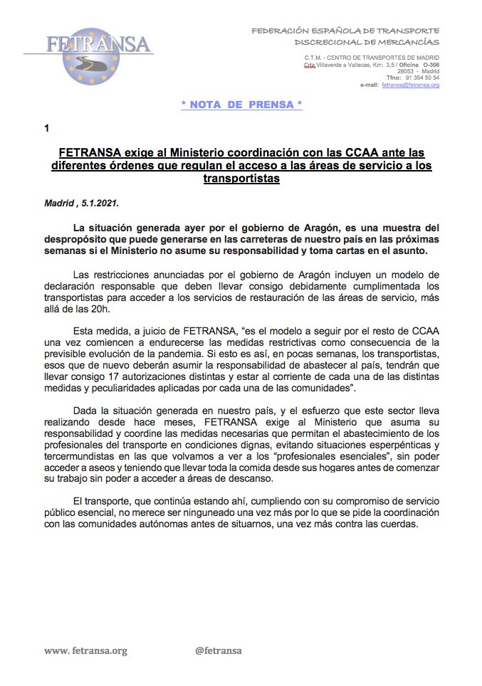 .<a href="/fetransa/">Fetransa</a>  exige al <a href="/mitmagob/">Pol</a> coordinación con las CCAA ante las diferentes órdenes que regulan el acceso a las áreas de servicio al #transporte #COVID19 <a href="/cadesum/">Cadena de Suministro</a> <a href="/autonomosenruta/">Autónomos En Ruta</a> <a href="/diarioAyE/">Autónomos y Emprendedor.es</a> <a href="/transaldia/">Transporte al dia</a> <a href="/Transporte3/">Revista Transporte 3</a> <a href="/diarioelcanal/">El Canal Marítimo y Logístico</a> <a href="/ElMercantilcom/">El Mercantil</a> <a href="/EFEnoticias/">EFE Noticias</a> <a href="/europapress/">Europa Press</a>