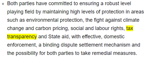 When the EU-UK Trade Agreement was announced on Christmas Eve it looked like 'tax' would be afforded the same protections as labour, social and environmental standards. This from the EU's announcement  (2/n)