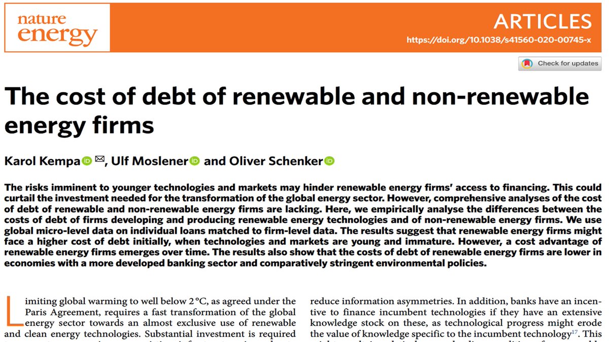 New paper alert: In  @NatureEnergyJnl we show that over time ren. energy (RE) firms face decreasing costs of debt (CoD) relative to non-RE firms. With my fabulous colleagues  @KarolKempa and  @UlfMoslener.A short thread : (1/6) #energytwitter
