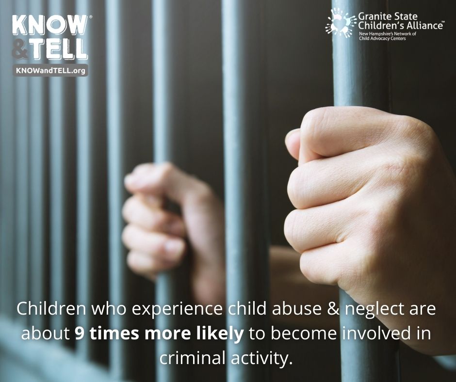 Did you know that children who experience child abuse and neglect are NINE times more likely to be involved in criminal activity? Be the Difference, KNOW &amp; TELL. #iKNOWandTELL #ChildAbuse #nh