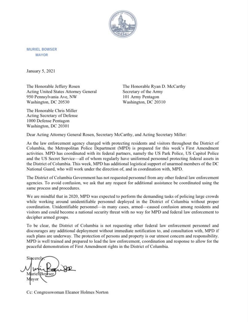 To be clear, the District of Columbia is not requesting other federal law enforcement personnel and discourages any additional deployment without immediate notification to, and consultation with, MPD if such plans are underway.