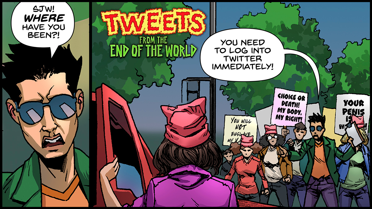 Social media will shock you in TWEETS FROM THE END OF THE WORLD! - An apocalyptic comic kind of like, well, now, where social media turns people into violent, unthinking zombies.

#TFEW #comics #zombies #horror #horrorcomedy #satire