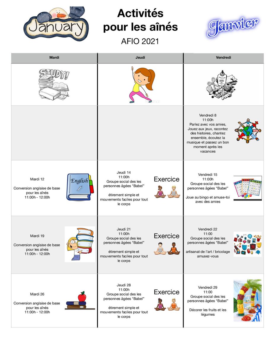 Nouvel année😀... voici le calendrier du mois de janvier du groupe Babel des personnes ainées. Plus d'informations en écrivant à babel@afio.ca