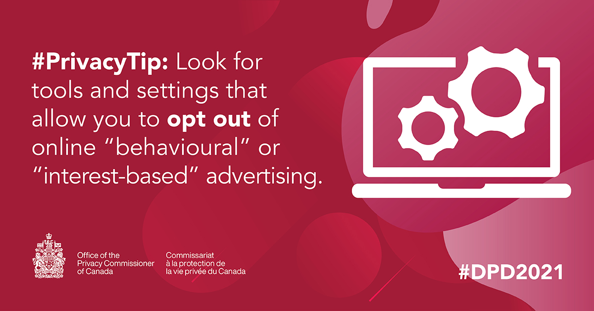 PrivacyPrivee's tweet photo. #PrivacyTip: Look for tools and settings that allow you to opt out of online “behavioural” or “interest-based” advertising. #DPD2021 https://t.co/Ykwof2rdqk https://t.co/aIOhmXi1TS
