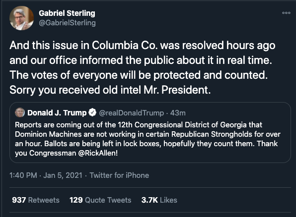 1. No, there is no ongoing mass outage of voting machines in GA Republican strongholds according to election officials. This was spread by the president, Steve Bannon's War Room, and others. 68,000 views on YouTube alone.