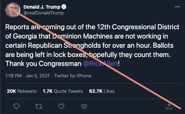 1. No, there is no ongoing mass outage of voting machines in GA Republican strongholds according to election officials. This was spread by the president, Steve Bannon's War Room, and others. 68,000 views on YouTube alone.