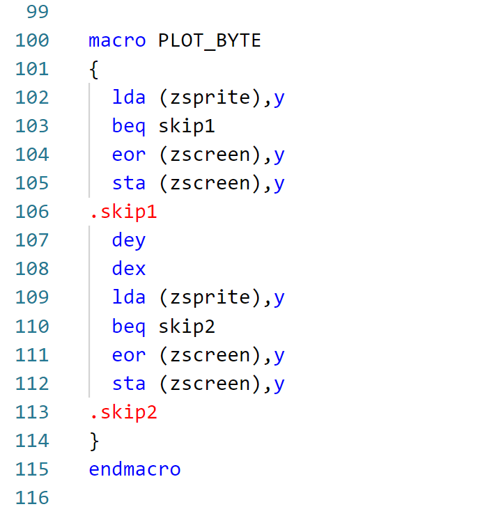 0xC0DE6502's tweet photo. Tiny optimizations that add up in my XOR sprite plot code. Unrolled the inner loop once because I know the y-coord is always even. The BEQs work because some preshifted sprite frames have a lot of zero bytes #showyourcode #8bitcoders https://t.co/xkJcxnSOyM