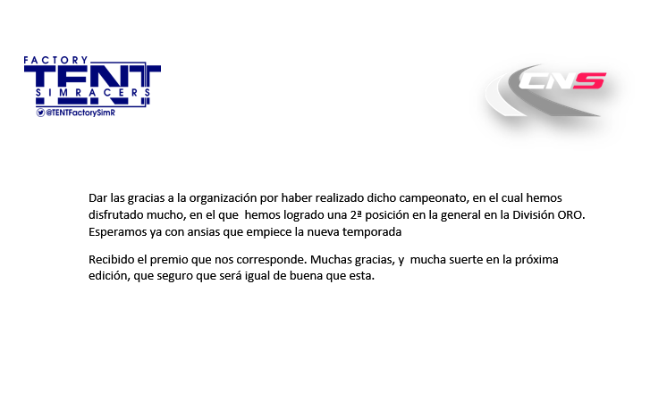 Dar las gracias a la organizacion . Hasta la proxima temporada chicos. Agradecer a todo el equipo Tent Factory el apoyo y el trabajo realizado
@CnsCampeonatos <a href="/GripEngineer/">Josep M Carbonell</a> <a href="/iRacing_es/">iRacing.es</a>