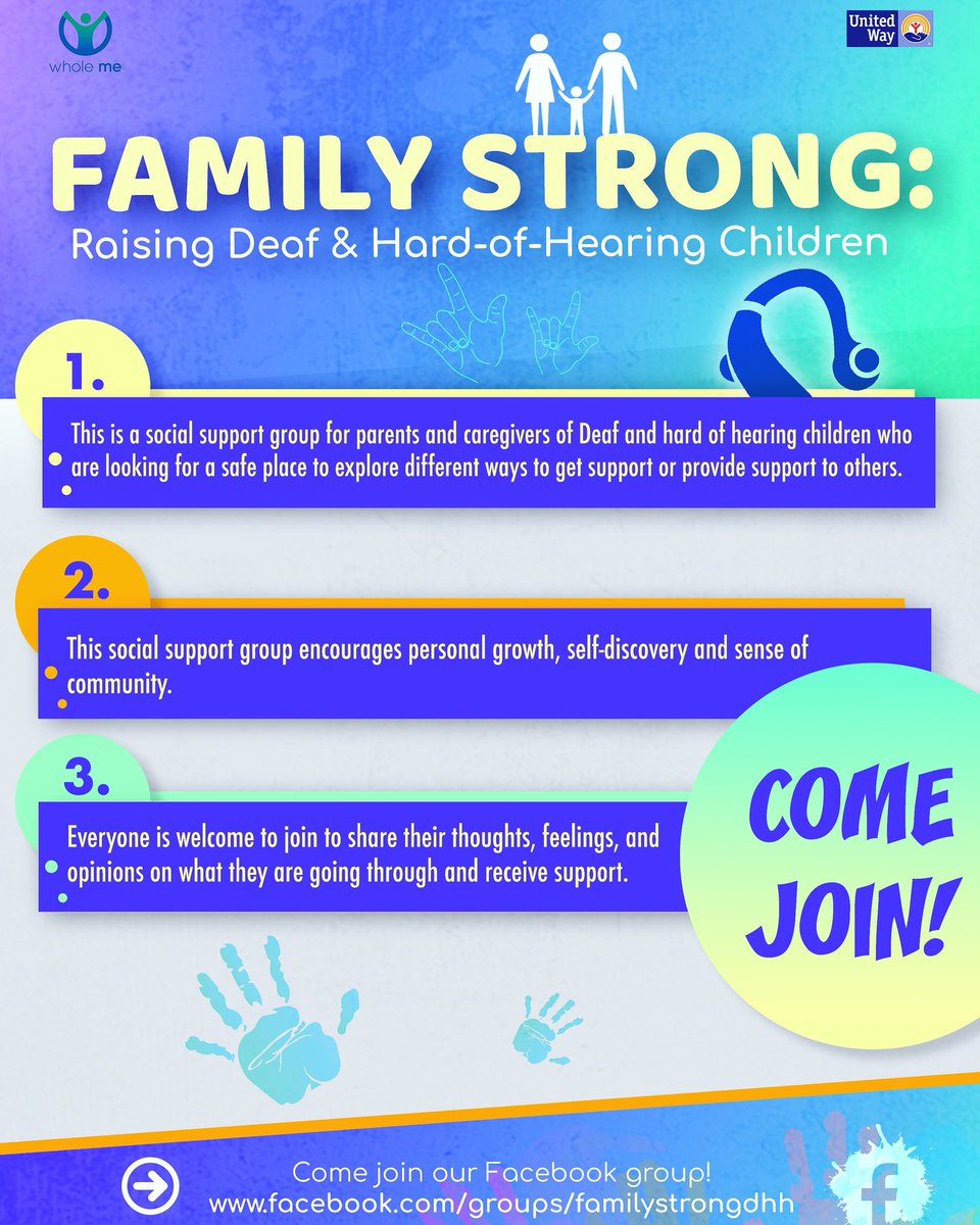 Happy Tuesday!

You may or may not have heard of the PODC group. We renamed it to ‘Family Strong’. This is a good group to discuss experiences and share ideas about how to support Deaf/HH children.

Come join the Family Strong FB group:
facebook.com/groups/familys…

Spread the word!