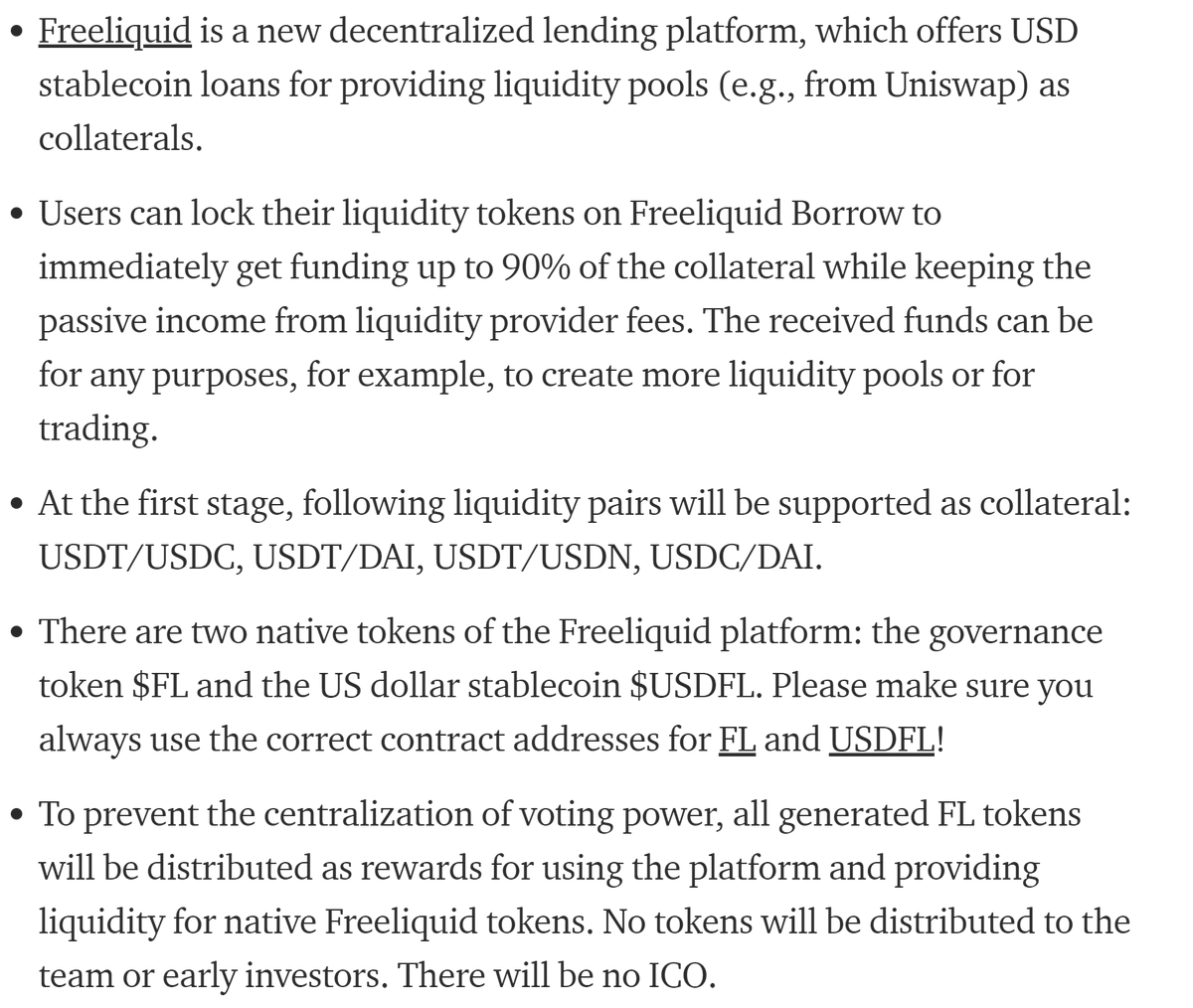 Why is this unique:Free liquid lets users receive up to 90% of their collateral in USDFL tokens by locking stable coin LP tokens:  $USDC,  $DAI,  $USDT and  $USDN. The ONLY platform to do this. LPs get passive Uniswap fees whilst creating multiple other income opportunities.