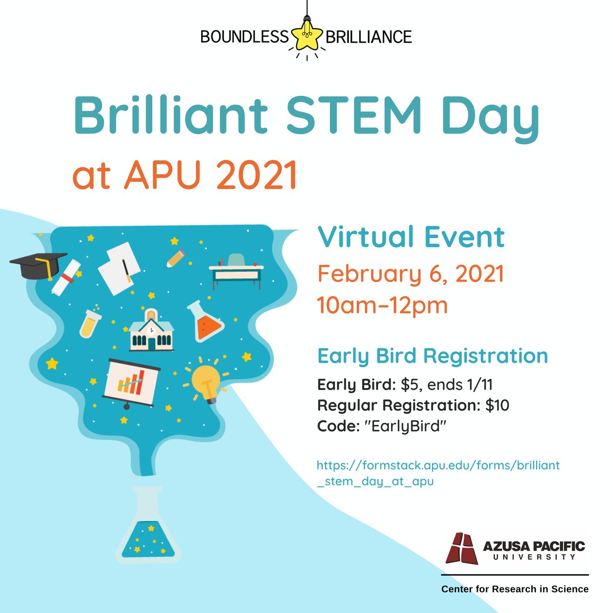 APUSchoolofEd's tweet photo. APU Center for Research in Science is partnering with Boundless Brilliance APU Chapter to bring our community a virtual science outreach event on February 6. This student-led event is geared to inspire 1st-6th graders with various aspects of science!
Reg: https://t.co/LzZoXAYnmH https://t.co/GBQPqjBG1H