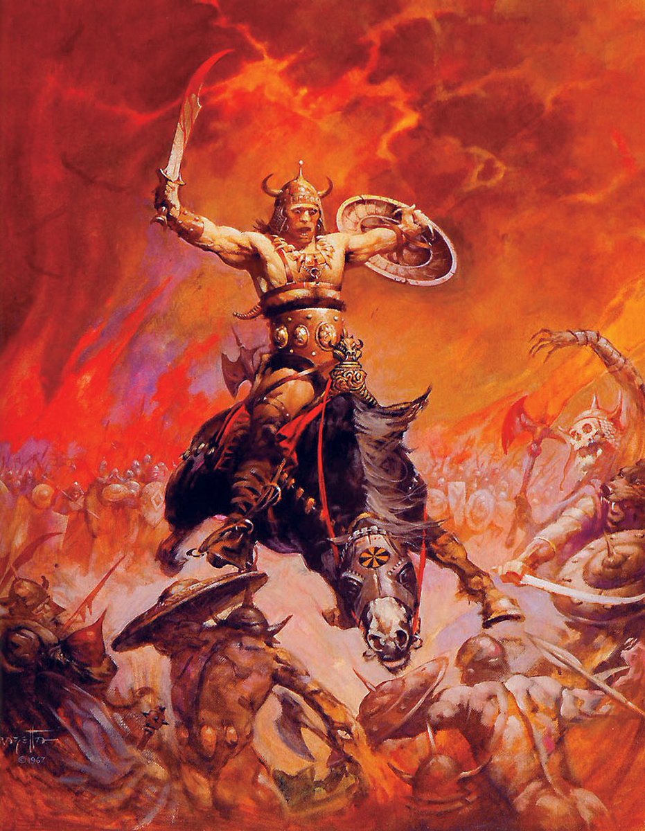 Lancer Books were republishing Robert E. Howard's Conan stories from the 1930s, and asked Frazetta to design the covers. His muscular, visceral and immersive images for Conan redefined fantasy art for a generation, as well as selling 10 million copies of the series.