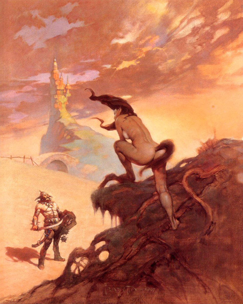 Lancer Books were republishing Robert E. Howard's Conan stories from the 1930s, and asked Frazetta to design the covers. His muscular, visceral and immersive images for Conan redefined fantasy art for a generation, as well as selling 10 million copies of the series.