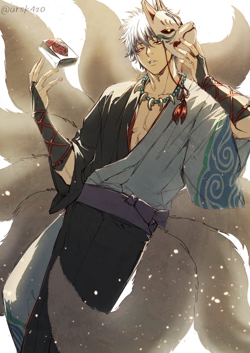 sakata gintoki 1boy male focus japanese clothes mask solo kimono multiple tails  illustration images