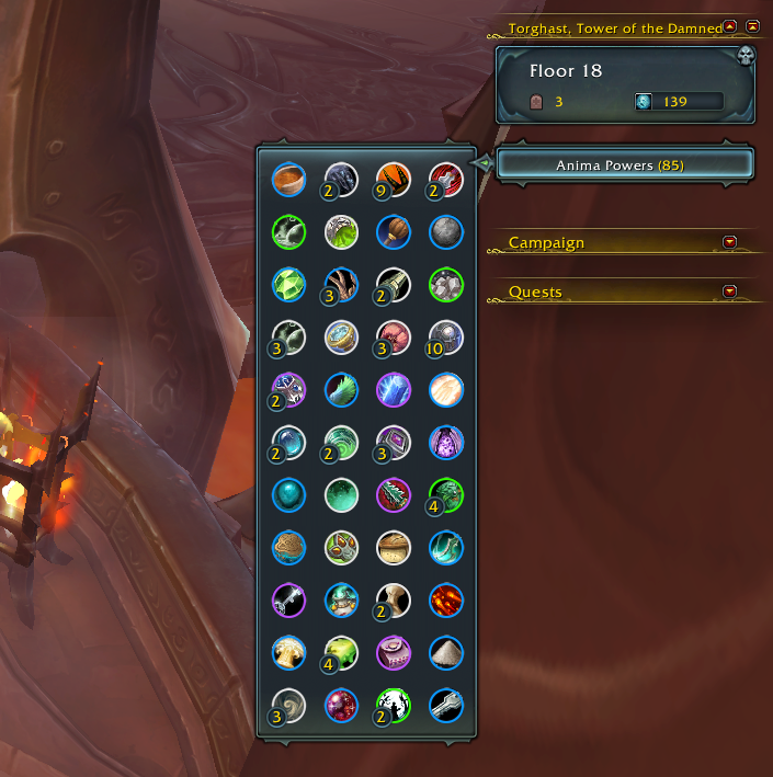 A screenshot of a floor 18 Torghast run with 85 Anima Powers.