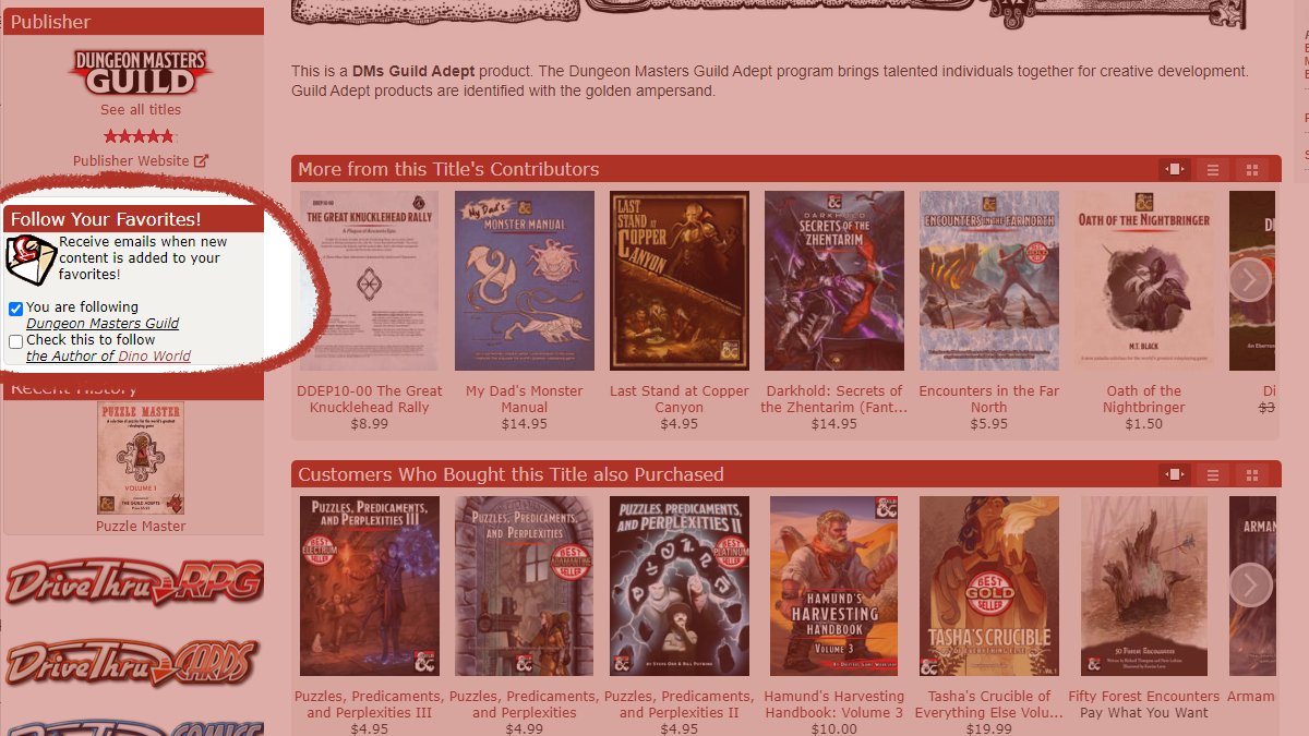 New feature! Follow your favorite community creators - now including DMsGuild authors - and be notified daily about their new releases. Never miss a new title again!

PS - Creators, replace "this author" with your name or pen name. Head to Account > My Content > Author Settings.