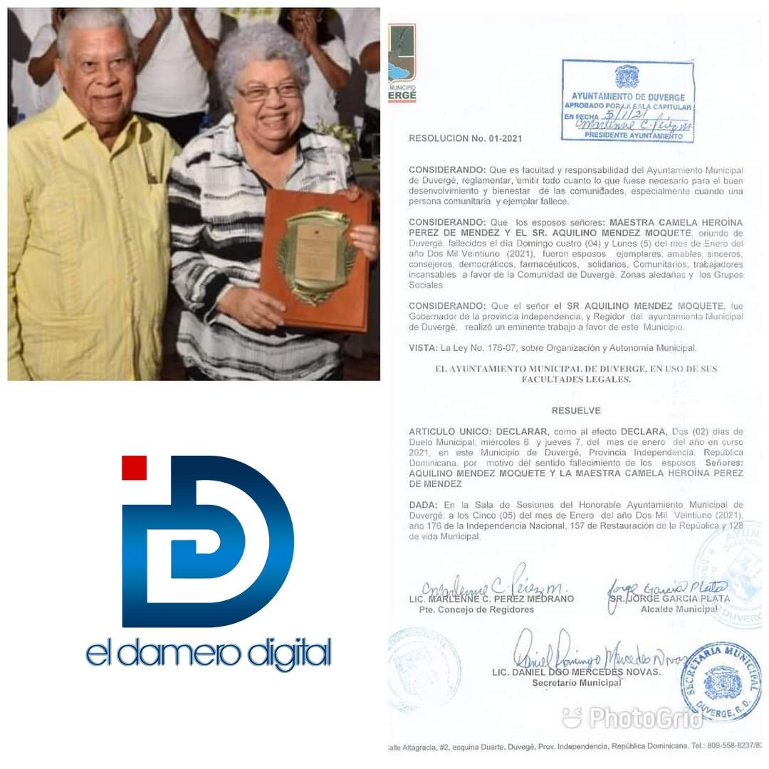 eldamerodigital's tweet photo. #LocalesEDD DUVERGÉ: Alcaldia Municipal declara duelo por muerte de esposos Aquilino Moquete y Camelia Méndez.
Leer aquí ➡️https://t.co/RBgLpgOaMv
#duverge #alcaldia #deceso #edd #eldamerodigital #Lunes #Enero2021 https://t.co/gC8VS4KWMV