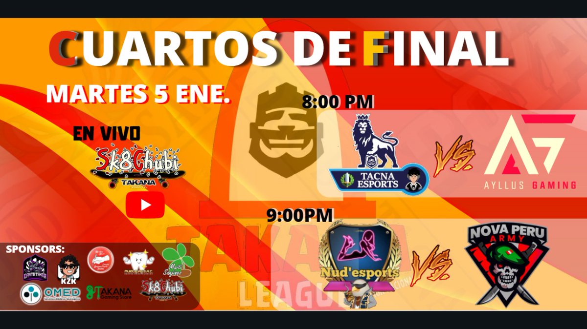 #TakanaLeague | #ComunidadPeruanaCR

⚔GAMEDAY | #PlayOffs

📢 Hoy conoceremos los últimos semifinalistas, estos equipos saldrán con todo!
📺 YouTube: <a href="/Sk8ChubiCR/">Sk8Chubi</a>

#PlayOffsTakanaLeague
@TacnaEsports  🆚 <a href="/AyllusGaming/">Ayllus Gaming</a> 
<a href="/NovaPeruArmyGG/">Nova Perú Army</a>  🆚 <a href="/NudeSports69/">Nud'eSports</a>