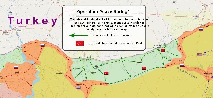 After heavy fighting, Turkey, together with a jihadist militia alliance ("Syrian National Army"), occupied the towns of Ras al-Ain/  #SereKaniye and  #TallAbyad.As in Afrin, hundreds of thousands of people were displaced, especially Kurds and Arab Christians.