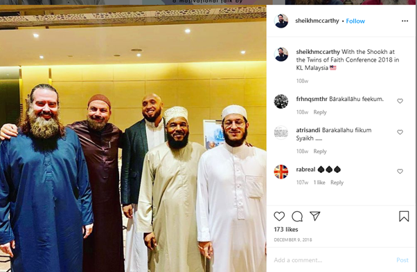 The Government has pledged to ban foreign hate preachers. It should ban the American McCarthy, who is close to preachers who have already been excluded, such as Zakir Naik, Hussain Yee, and Bilal Philips, who McCarthy calls "our sheikh". 14/15