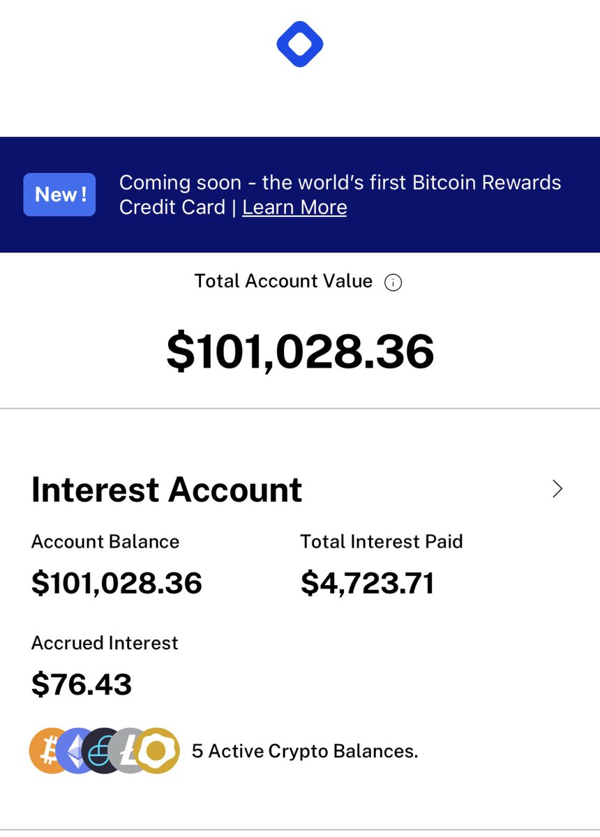 RealMattCalvin's tweet photo. Finally broke the #6Figure mark within @BlockFi. Although #BlockFi doesn’t hold all of my #CryptoCurrency, it does hold over 50% and therefore it’s the first time I’ve seen $100k+ in a single Crypto account. Thanks @BlockFiZac and team! https://t.co/ZQltU1LEzk
