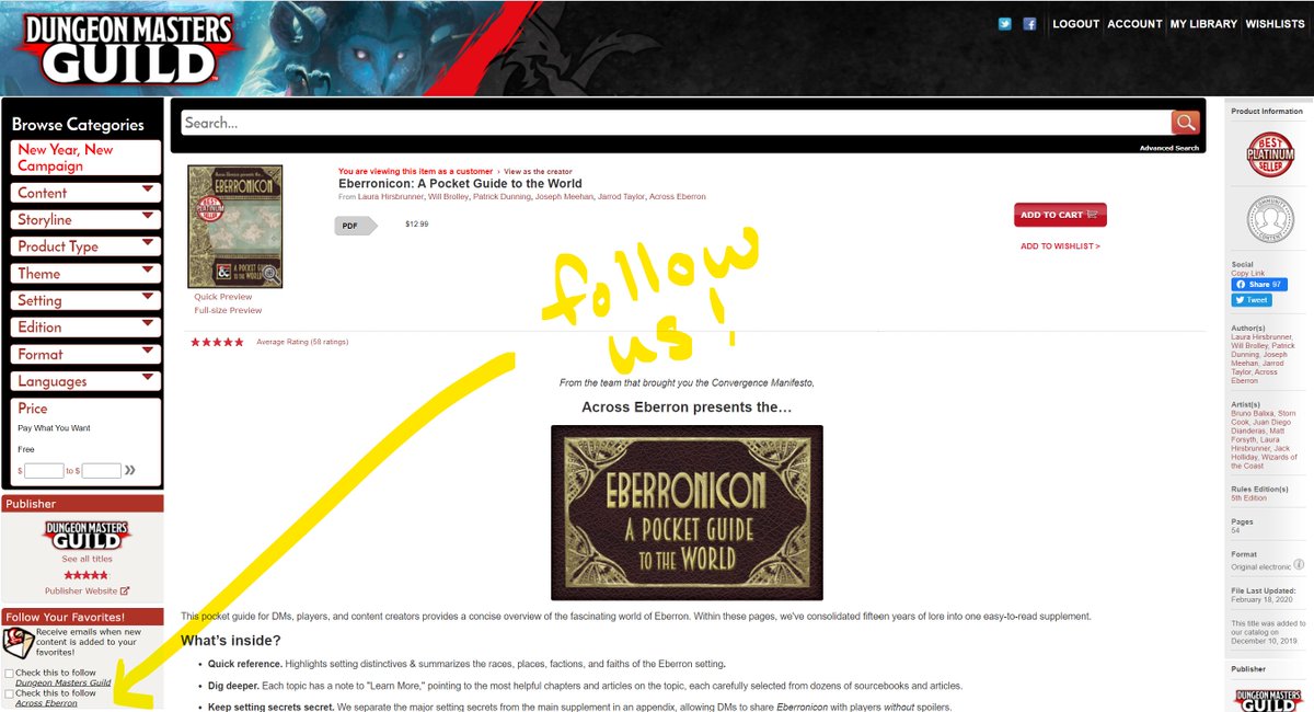 AcrossEberron's tweet photo. 2) You can now get notifications when your favorite #DMsGuild creators (like us!) publish new #DnD supplements! To subscribe to our updates, visit any of our product pages and check the box in lower left that says "Check this to follow Across Eberron." https://t.co/ml4t6Los2g