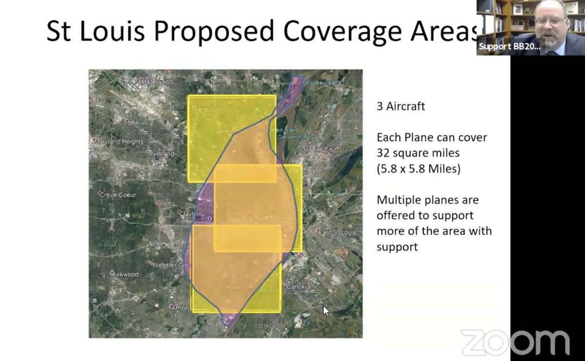 Ross McNutt said his company would operate 3 surveillance planes which would fly above the city for 18 hours per day. The yellow squares show where the planes would fly.