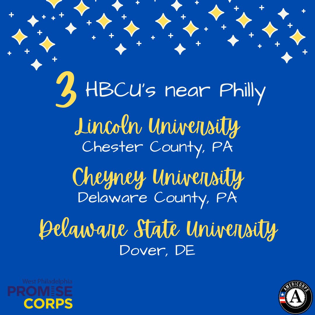 PromiseCorpsPHL's tweet photo. First #TopicTuesday of the new year! Todays topic is HBCU's close to #philly! Lincoln University, Cheyney University and Delaware State University are three HBCU's close to the Philadelphia are. Do you know what HBCU stands for?! Let us know ⬇️ 

#americorps #promisecorps #hbcu https://t.co/15y78FCmrF