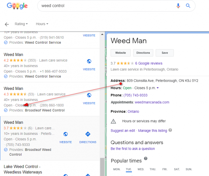 convergensee's tweet photo. Content from the "Services" menu in #GMB is now being used to produce a new line of content in SERPs called "Provides:". Ex. below-Lawn Care company shows up with "Provides: Weed control service" because they used those terms in their "Services" info. https://t.co/bRgkMmCZCd