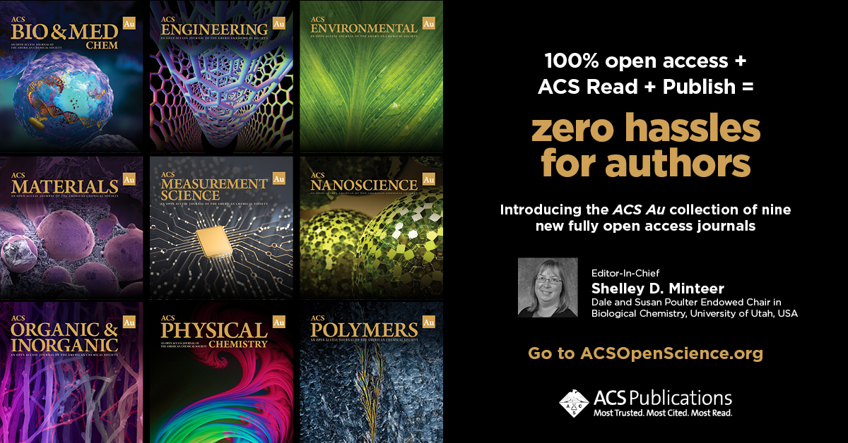 ACSPublications's tweet photo. For researchers required by #PlanS or another funder to publish #OpenAccess, we have 9 new journals launching this year! Join us in welcoming the #ACSAu journals and EIC, Prof. Shelley D. Minteer. https://t.co/ZnrFc0qtrP https://t.co/PEM7wpdPXB