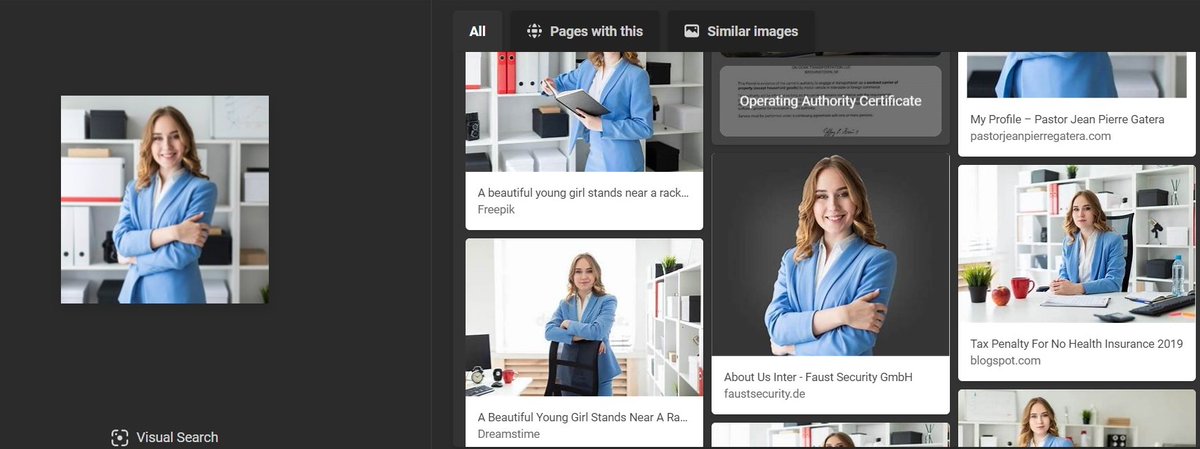 Fortunately the sig included a photo of the sender, whatever her real name is. So I did a reverse image search.Incredibly, this same person is also a surgical pathologist, a pastor and a security consultant. That, or she's a stock photo model.(Hint: it's that last one) /3
