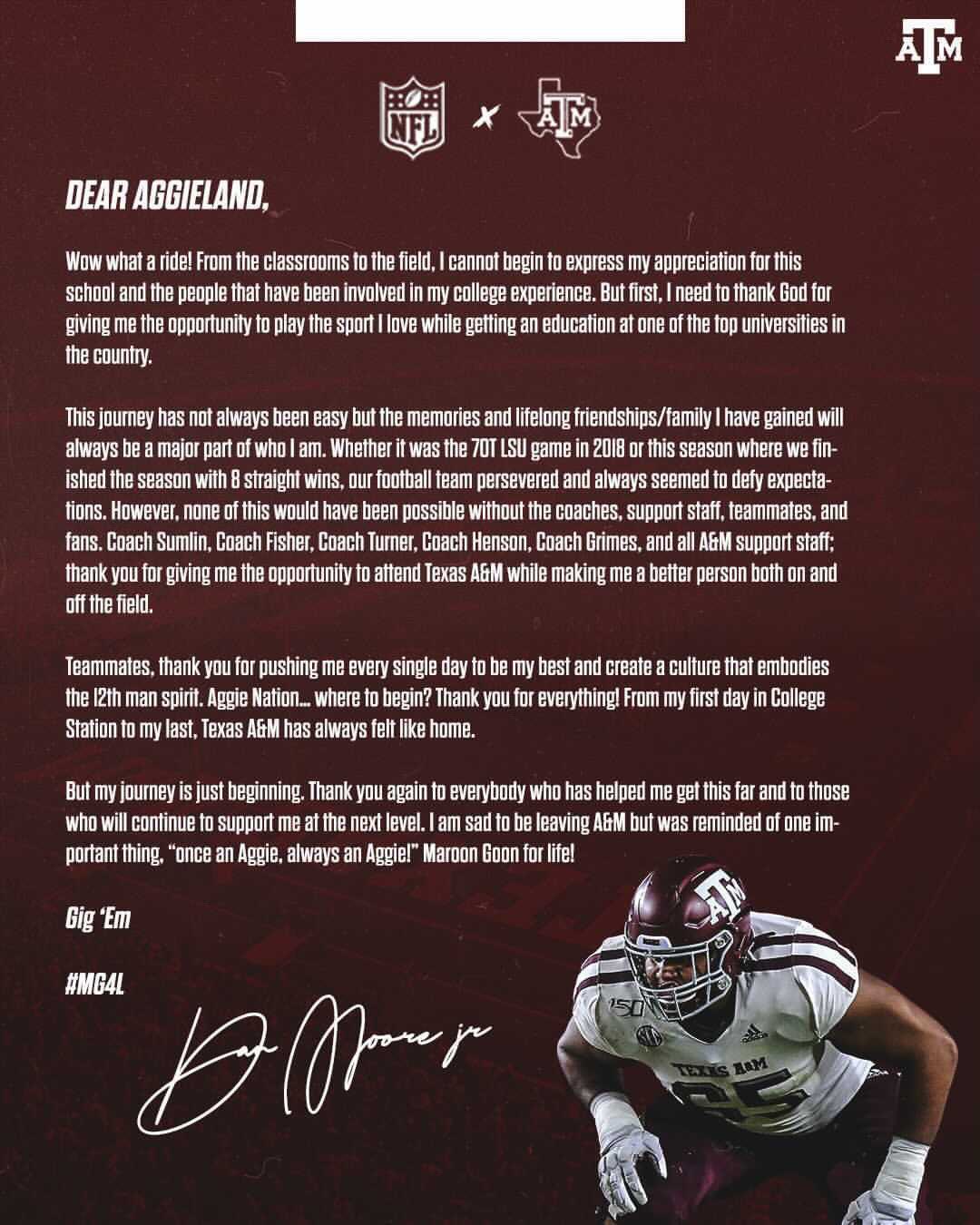 TexAgs on X: Texas A&M senior LT Dan Moore has declared for the NFL  Draft. Good luck and Gig 'em @bigg_dan65 👍 / X