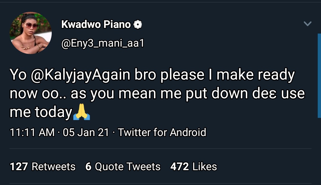 FROM WINTER STUDIOS, SUMMARY ON TODAY'S GIST: A VIOLENCE THREAD KalyJay Vs Kwadwo PianoFive days into this year and we've experienced a concatenation of violence on this timeline. Piano called out KalyJay and started giving praises to God cos he had evidence against him.