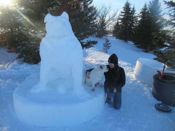 Therapy dog Anna-Belle has been honoured with a snow sculpture. The bulldog works with Dr. Colleen Dell, #USask’s Centennial Enhancement Chair in One Health and Wellness. Patricia Leguen created the work of art as a tribute to Canada's therapy dogs. 
<a href="/PawsStress/">PAWSYourStress</a> <a href="/ColleenAnneDell/">Colleen Anne Dell</a>