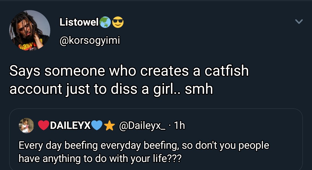 7. Listowel Vs DaileyxTwitter for "Semontanoius Equations, Daileyx" said aren't you guys tired of beefing everyday?? Don't you have anything else to do??He got ratiod with a "This You" quote from ListowelInternet never forgets 