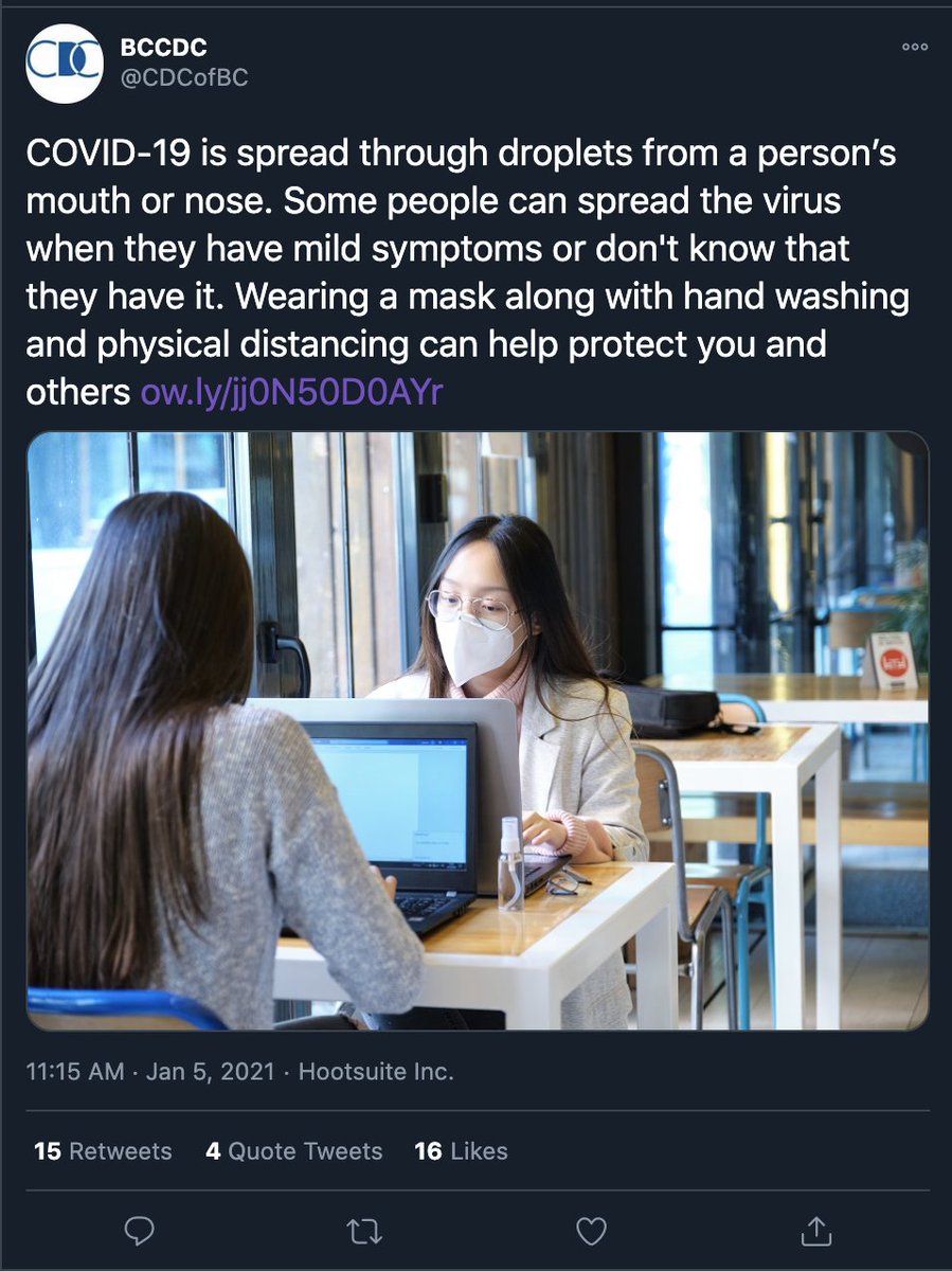 The  @CDCofBC twitter feed, today. Says droplets, however, does mention masks. We are playing at semantics, here.  #covidisairborne https://twitter.com/CDCofBC/status/1346535734442909696