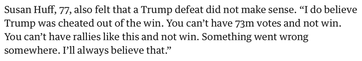 And now look at the  #MAGA attitude to Trump's loss. Here's a Trump fan at his rally last night:  https://www.theguardian.com/us-news/2021/jan/05/fight-like-hell-grievance-and-denialism-rule-at-trump-georgia-rally 6/