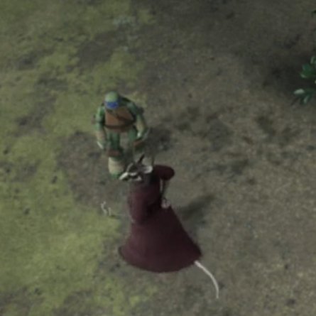 This is how this scene is shown, with Splinter circling Leonardo. There's distance between the two, but Splinter NEVER embraces him, doesn't say 'it's not your fault,' etc. Leo's the only one that sees him, why doesn't he see his other three sons? It's happened before,