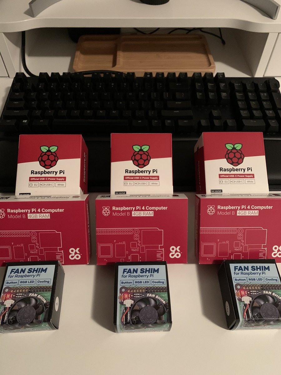 YosufHaydary's tweet image. Just received the Raspberry Pi 4s alongside SHIM cooling fans , original power adapters and cluster stack 😀🛠⚙️💻