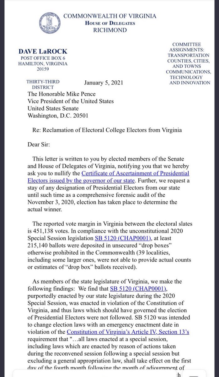 Brandon Jarvis Republican Delegate Dave Larock Sent A Letter With An Official House Of Delegates Letterhead To Vice President Mike Pence Asking Him To Nullify The Certification Of Virginia S Election Brandon Jarvis Republican Delegate Dave Larock Sent A Letter With An Official House Of Delegates Letterhead To Vice President Mike Pence Asking Him To Nullify The Certification Of Virginia S Election