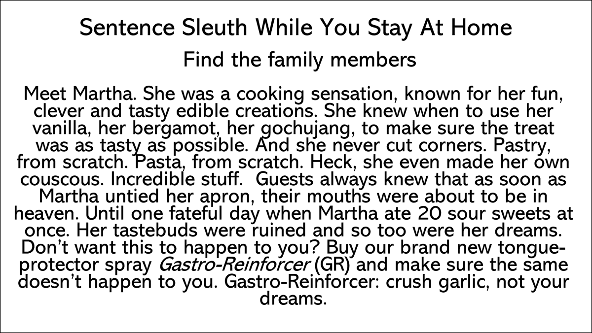 QuizzesByHugo's tweet photo. Sentence Sleuth 2: Find the 5 family relations hidden in the text below https://t.co/xGtqrUtq7c