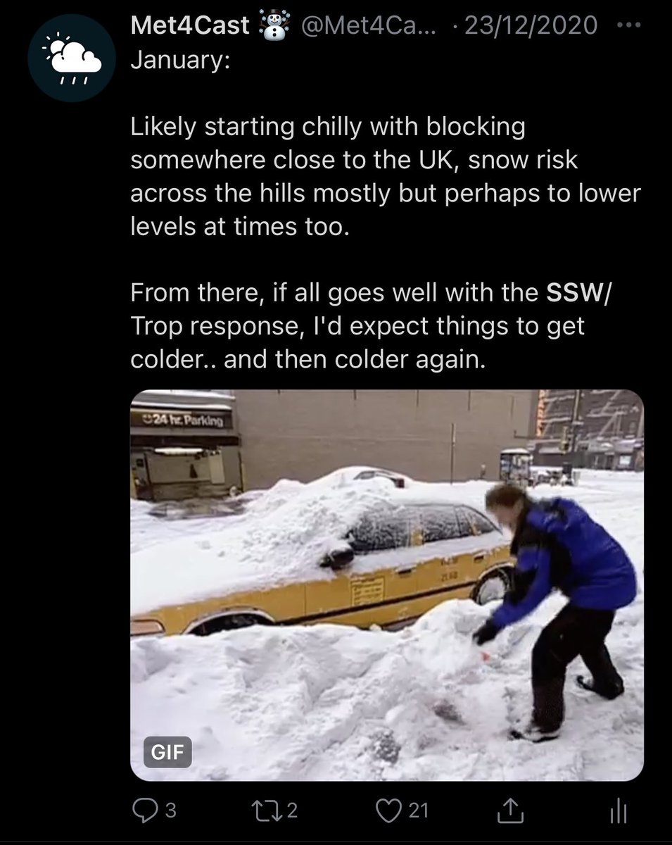 Met4CastUK's tweet image. Couple of tweets, one from November 24th and another from December 23rd. 

Today is SSW day. First began signalling it back in November. 

Early Jan forecast from the 23rd wasn’t far off either #ForecastVerification