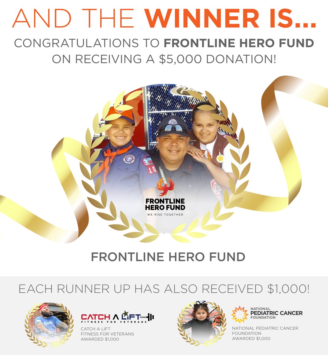 The people have spoken! 🥳 #FrontlineHeroFund is the #winner of this year’s #charitygiveaway2020, receiving a $5,000 donation 💵 Thank you to @PediatricCancer & @CatchALiftFund for participating—each will receive $1,000 as well! We received a total of 9609 votes—INCREDIBLE!