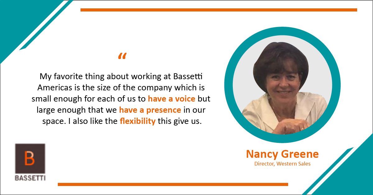 BassettiAmeric1's tweet photo. Our employees’ hard work and continued dedication are a big part of our success and growth. Let’s see why Nancy Greene, our Director of Western Sales loves working at Bassetti Americas.
Follow us for more updates, events, and opportunities! 
#team #employeeengagement #workplace https://t.co/GBKgP5Gk7Z