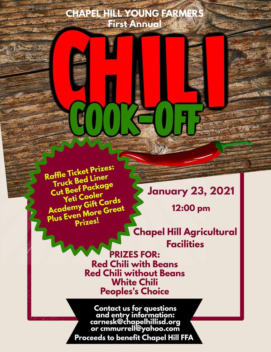 Come join us for our Chili Cook-off Saturday, January 23 at 12 pm!! Lots of cool raffle prizes and good chili!