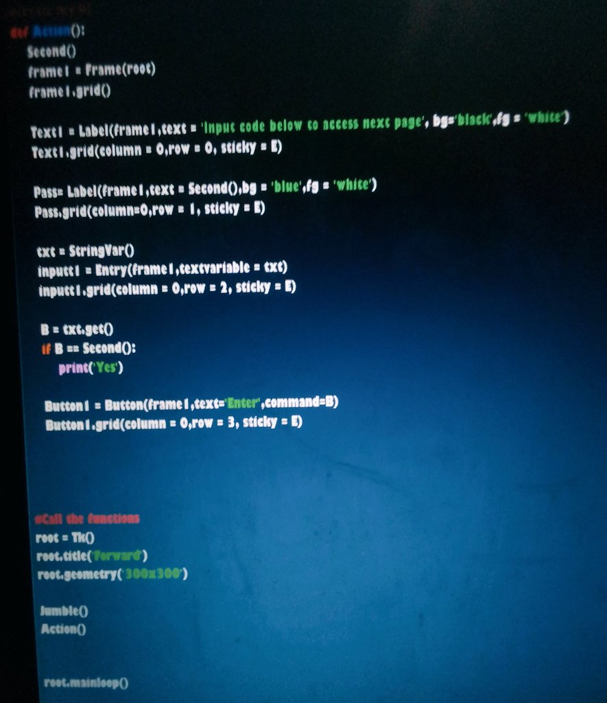 Juzzee's tweet image. Day 5 of 100 in my #100daysofcode and here is a basic input / output #pycode. Kinda like captcha.
1. I create a pool
2. I generate a code from the pool
3. If user matches it then next page shows.
I'd really appreciate a review.
Thanks.
#CodeNewbie
#pythonlearning